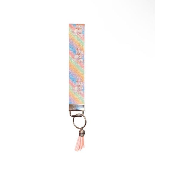 ☀️3/$12☀️ Glitter Unicorn Rainbow Keychain Wristlet with Tassel - Picture 1 of 4